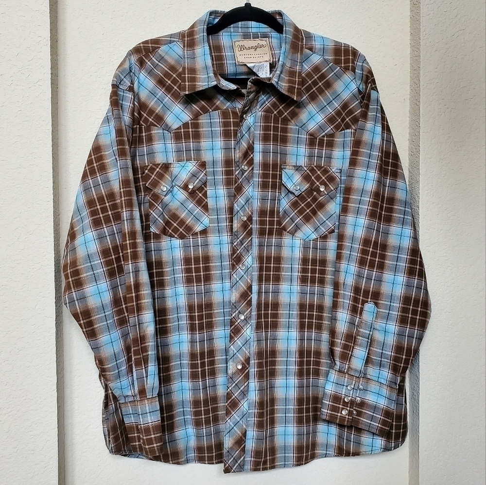 Wrangler Western Fashion Pearl Snap Button‎ LS Shirt Blue & Brown Plaid 2XL.